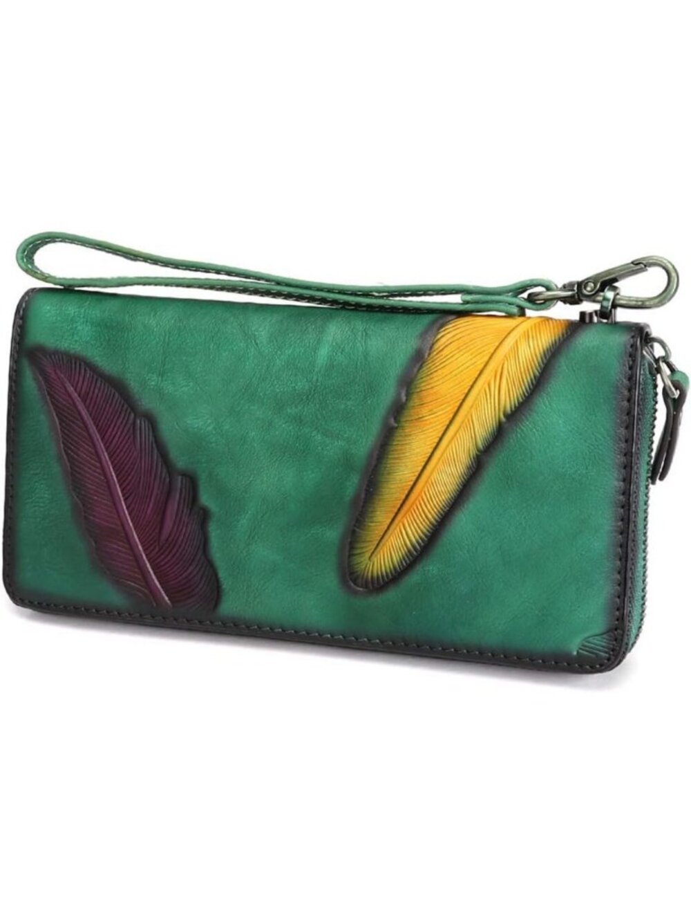 Genuine Leather Zip Around Wristlet Wallet - Vintage Embossed Clutch, Handmade